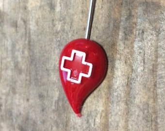 Red Cross Blood Drop Red Plastic Stick Pin 1950s Movie Prop Vintage Lapel