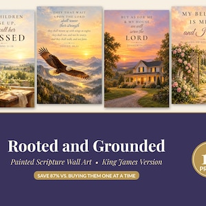 May include: A set of four rectangular wall art prints featuring landscape paintings and scripture text. The images depict a sunlit room, an eagle in flight over mountains, a house at sunset, and a garden gate with roses. The text includes verses from Proverbs, Isaiah, Joshua, and Song of Solomon.