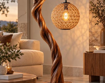Lampadaire en bois de noyer, lampe sculpturale en forme de branche d'arbre, lampadaire en rotin, luminaire rustique bohème, lampe design pour le salon