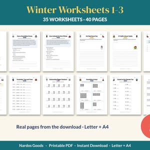 Puede incluir: Una colección de 35 hojas de trabajo educativas con temática invernal en 40 páginas, presentadas como un PDF imprimible. Las páginas incluyen ejercicios de matemáticas, escritura y vocabulario, con ilustraciones de muñecos de nieve y pingüinos.