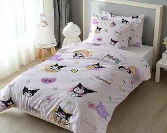 Kuromi Duvet Cover Set Pink Anime Cartoon Bedding Soft Microfiber Quilt Cover with Pillowcases Kawaii Cute Bedroom Decor Gift for Girls