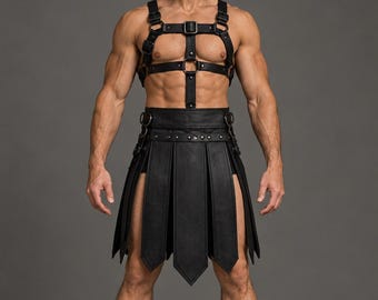 Falda escocesa de gladiador / Falda escocesa negra / Arnés de falda escocesa de guerrero, de cuero auténtico, hecha a medida.