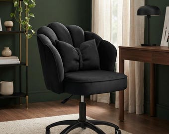 Black Velvet Vanity Chair, Petal Back, Bow Cushion, Swivel Desk Chair