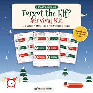 以下が含まれることがあります： Forgot the Elf? Survival Kitというタイトルのデジタル印刷可能なキットで、12枚のOops Notesと30種類のFive-Minute Setupsが含まれています。文書には、テキストが記載された赤と緑の長方形のカード、目覚まし時計のアイコン、眠っているエルフのグラフィックが描かれています。