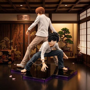 May include: Two anime-style figures connected by a metal chain. One figure stands in a white long-sleeve shirt and tan pants, while the other crouches in a white long-sleeve shirt and dark blue jeans. They are positioned on a black platform.