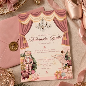 Peut inclure: Une carte d'invitation rectangulaire sur le thème du ballet Casse-Noisette avec des rideaux roses, un lustre, un casse-noisette et une ballerine. Le texte indique : You're invited to a Nutcracker Ballet Christmas Soirée, Saturday, December 12th at 7:00 PM, 123 Sugar Plum Lane, New York, NY, Dress to Impress.