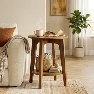May include: A round wooden side table with four tapered legs and a lower shelf. The tabletop holds an open book and a steaming beige mug. The lower shelf contains a woven basket filled with a textured blanket and two stacked books.