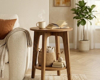 Mid-Century Modern Round Side Table, Honey Brown, 2-Tier Storage Nightstand