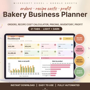 Pode incluir: Um planeador digital Bakery Business Planner para Microsoft Excel e Google Sheets com um painel de dados de vendas, lucros e encomendas. A interface inclui 21 separadores, modos claro e escuro, e botões circulares para custos de receitas, seguimento de encomendas, preços e alertas de stock.