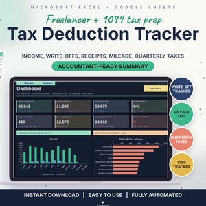 Può includere: Un tracker digitale per le detrazioni fiscali per Microsoft Excel e Google Sheets. L'interfaccia mostra una dashboard con entrate, detrazioni, profitto netto, chilometraggio e dati fiscali. Include icone circolari per vari strumenti di tracciamento.