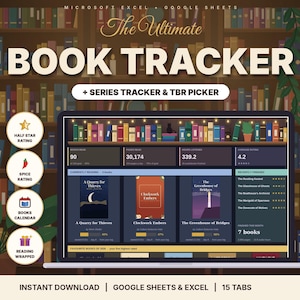 May include: A digital book tracker spreadsheet for Microsoft Excel and Google Sheets featuring a dashboard with book covers, reading statistics, and progress bars. The interface includes icons for ratings, spice levels, and calendars.