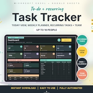 May include: A digital task tracker template for Microsoft Excel and Google Sheets featuring a dark-themed dashboard with metrics for open tasks, overdue items, and team management. The interface displays a focus matrix, weekly planner, and area-specific data tables for up to 10 people.