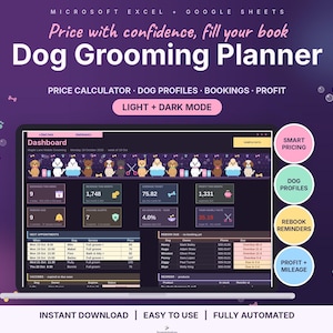 May include: A digital Dog Grooming Planner for Microsoft Excel and Google Sheets displayed on a laptop screen. The interface features a dashboard with booking, revenue, and profit metrics, dog profiles, and a light and dark mode option.