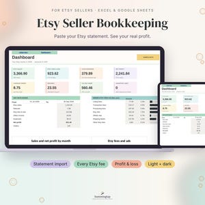 May include: A digital bookkeeping spreadsheet for Etsy sellers displayed on a laptop and tablet screen. The interface shows financial data including sales, fees, expenses, and net profit with text labels like Etsy Seller Bookkeeping.