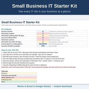 Small Business IT Starter Kit, Asset Tracker, Security Checklist (Excel/Google Sheets)