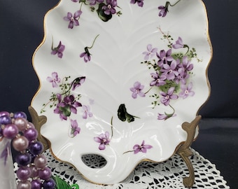 Vintage Hammersley English Bone China Victorian Violets Leaf Dish Set