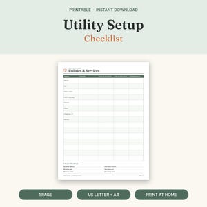 Lista de verificação imprimível para configuração de serviços públicos, rastreador de transferência de serviços públicos durante a mudança, registro de leitura de medidores, configuração de nova residência.