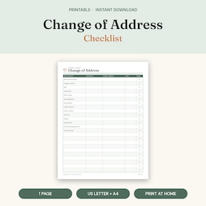 Op de afbeelding: Een printbaar adreswijziging-checklistdocument met een donkergroene koptekst met de tekst Change of Address. Het formulier bevat kolommen voor Who to Notify, Account Number, Phone, Website, Date en Done met selectievakjes.