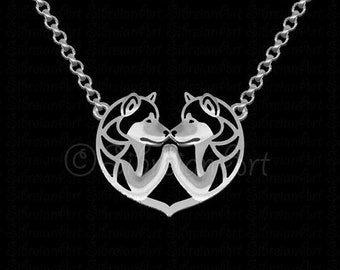 Alaskan Malamute heart with touching legs pendant and necklace - sterling silver