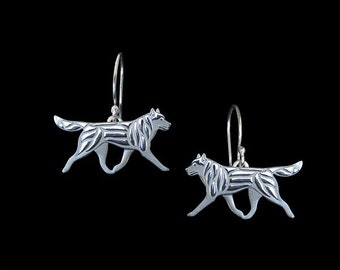 Siberian Husky movement with a trailing tail earrings - sterling silver.