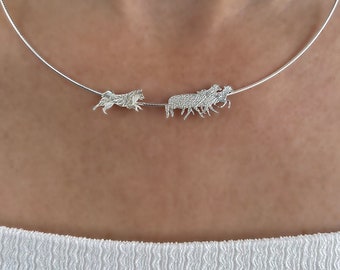 Working Icelandic Sheepdog and Sheep necklace - sterling silver