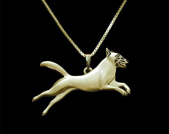 Leaping Belgian Malinois - Solid 14k Gold pendant and necklace.