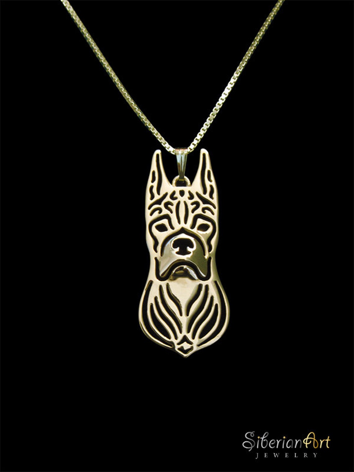 Solid Gold Boxer Pendant and Necklace Cropped Ears