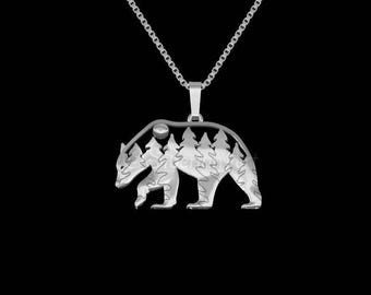 925 Sterling Silver Necklace - Wild Bear Pendant Necklace, Classic Silver Jewelry, Statement Necklace For Her, Handmade Silver Charm