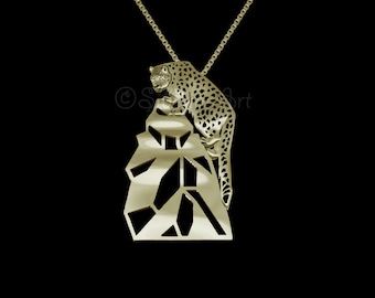 Snow Leopard on a rock- Solid Gold pendant and necklace