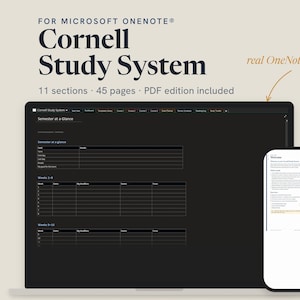 May include: A digital Cornell Study System for Microsoft OneNote displayed on a laptop screen and a smartphone. The interface features 11 sections, 45 pages, and a PDF edition. The screen shows a dark mode semester planner with tables.