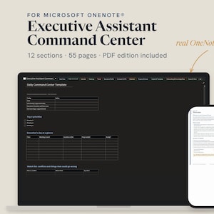 Może przedstawiać: Cyfrowy planer do Microsoft OneNote zatytułowany Executive Assistant Command Center, zawierający 12 sekcji i 55 stron. Ekran przedstawia szablon dzienny w ciemnej kolorystyce z tabelami dla priorytetów, harmonogramów i list zadań.