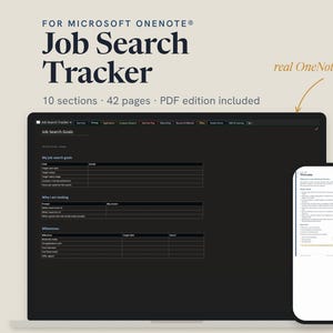 Può includere: Un tracker digitale per la ricerca di lavoro per Microsoft OneNote visualizzato sullo schermo di un portatile e di uno smartphone. L'interfaccia presenta un tema scuro con sezioni organizzate per obiettivi, traguardi e candidature.