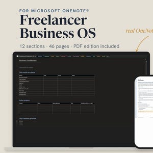 Può includere: Un sistema operativo Freelancer Business per Microsoft OneNote con 12 sezioni e 46 pagine. Lo schermo mostra una dashboard aziendale a tema scuro su un portatile e una pagina di benvenuto a tema chiaro su uno smartphone.