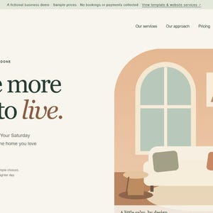 May include: A website landing page for Cedar & Coast featuring the text A little more room to live. The design includes a graphic illustration of a living room with a sofa, a potted plant, a window, and a small table in muted earth tones.