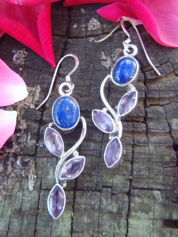 Solid Sterling Silver Lapis and Amethyst Earrings - image 3