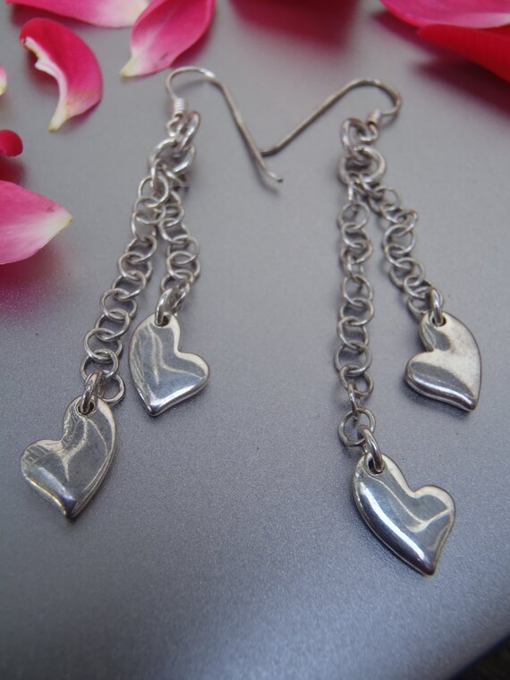 Italian Solid Sterling Silver Dangling Heart Earr… - image 1