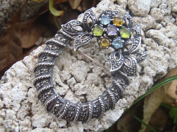 Solid Sterling Silver Multi-Color Flower and Marc… - image 1