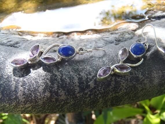 Solid Sterling Silver Lapis and Amethyst Earrings - image 2