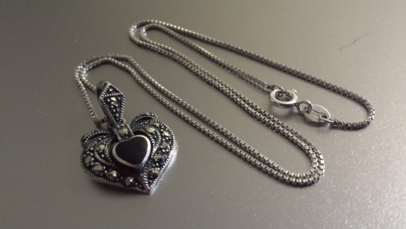 Solid Sterling Silver Box Chain and Marcasite Hea… - image 2