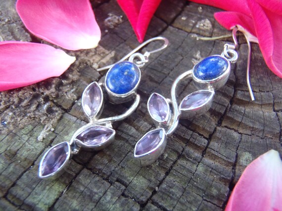 Solid Sterling Silver Lapis and Amethyst Earrings - image 1