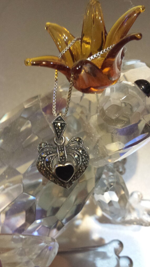 Solid Sterling Silver Box Chain and Marcasite Hea… - image 1