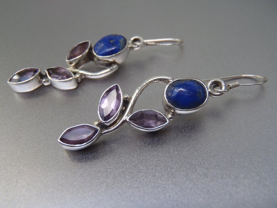Solid Sterling Silver Lapis and Amethyst Earrings - image 5