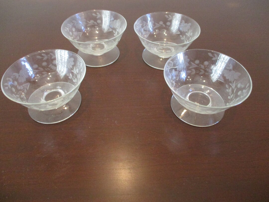 Vintage Etched Glass Dessert Cups With Pedestal Base Set of Four