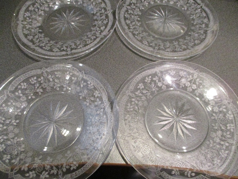 Antique Clear Etched Glass Plates Set of Four Etsy