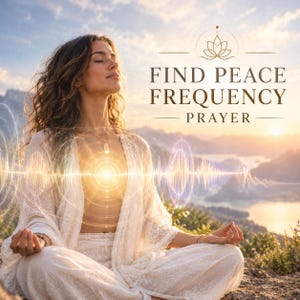 May include: A person with long wavy hair sits in a meditative pose wearing a white lace robe. The text FIND PEACE FREQUENCY PRAYER appears above a glowing light emanating from the chest area, surrounded by concentric circular sound wave graphics.