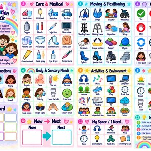 May include: A My Care & Communication Visual Pack featuring 12 pages of colorful icons and text for children with additional needs. Sections include Care & Medical, Moving & Positioning, Communication, Feelings, Sensory Needs, and daily schedules.
