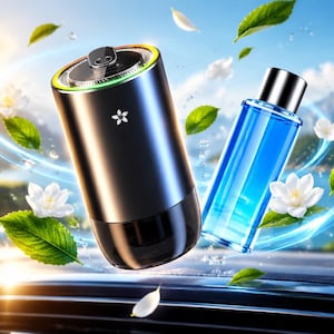 May include: A cylindrical black car air freshener with a small white flower icon on the front, positioned next to a clear glass bottle filled with blue liquid, surrounded by floating green leaves, white flower petals, and water droplets.