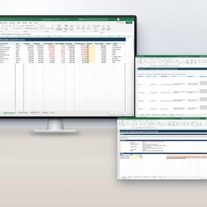 May include: A large computer monitor displaying a spreadsheet titled Variance Analysis | Materiality and priority review, accompanied by two smaller windows showing additional financial data tables with rows, columns, and numerical values.