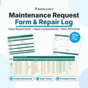 Può includere: Un set di documenti digitali intitolato Maintenance Request Form & Repair Log di SmartLandlord. Include moduli di richiesta per inquilini e un registro delle riparazioni compatibile con Word, PDF ed Excel. Schema di colori verde e bianco.