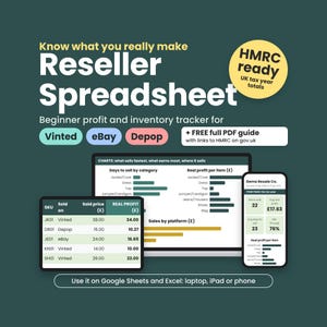 Reseller Spreadsheet UK, Vinted eBay Depop Profit Inventory Tracker, HMRC, Google Sheets Excel, Sage